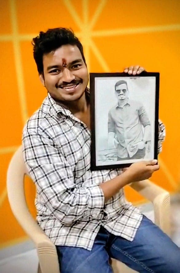 Happy client holding their custom graphite sketch